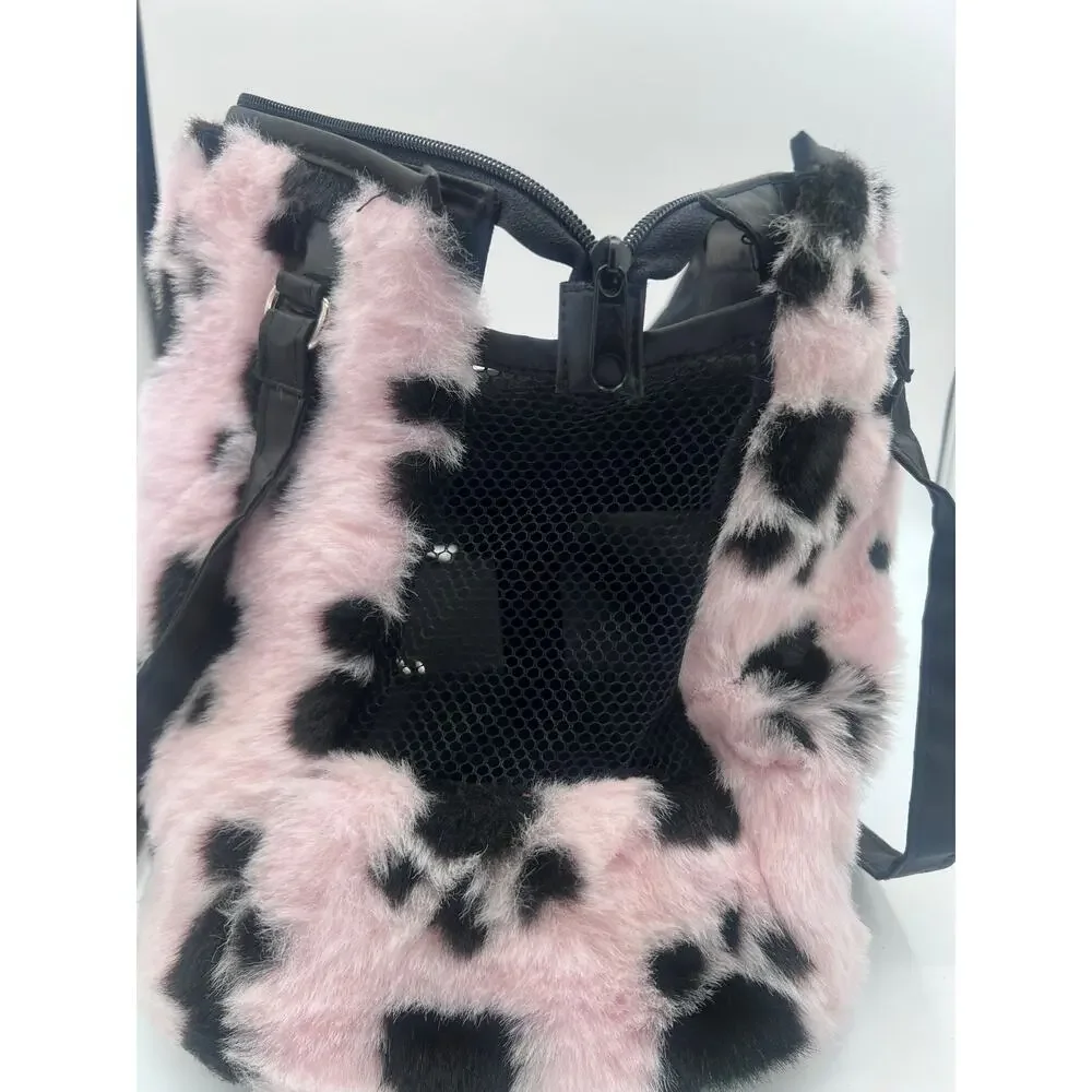 Pink Faux Fur Pet Carrier with Paw Print Design - Picture 5 of 6